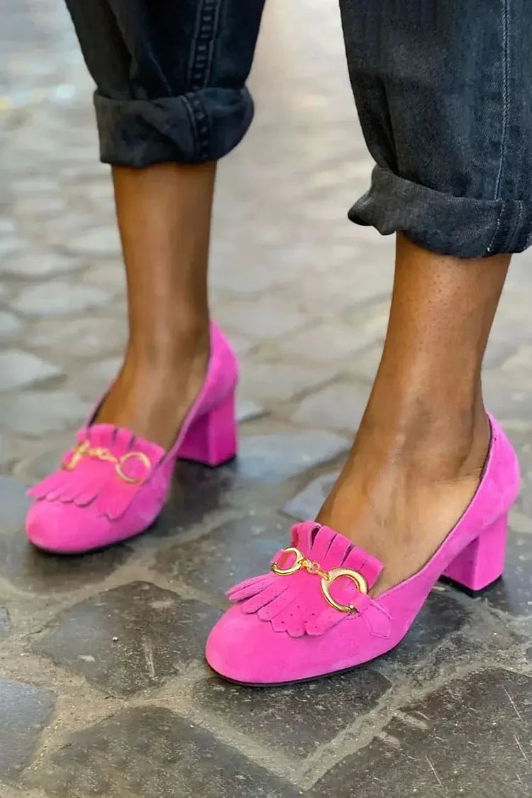 Wide matte round toe heels with buckle and fringes