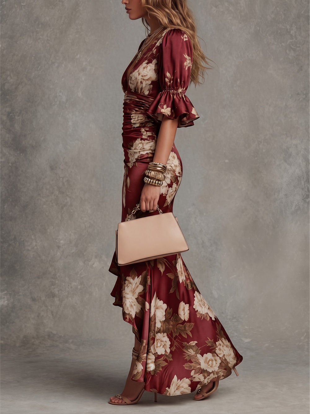 Red floral asymmetrical long dress, ruched detailing and flutter sleeves, side view