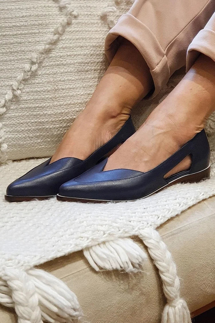 Pointed Navy Blue Cut-out Slip-on Ballerinas