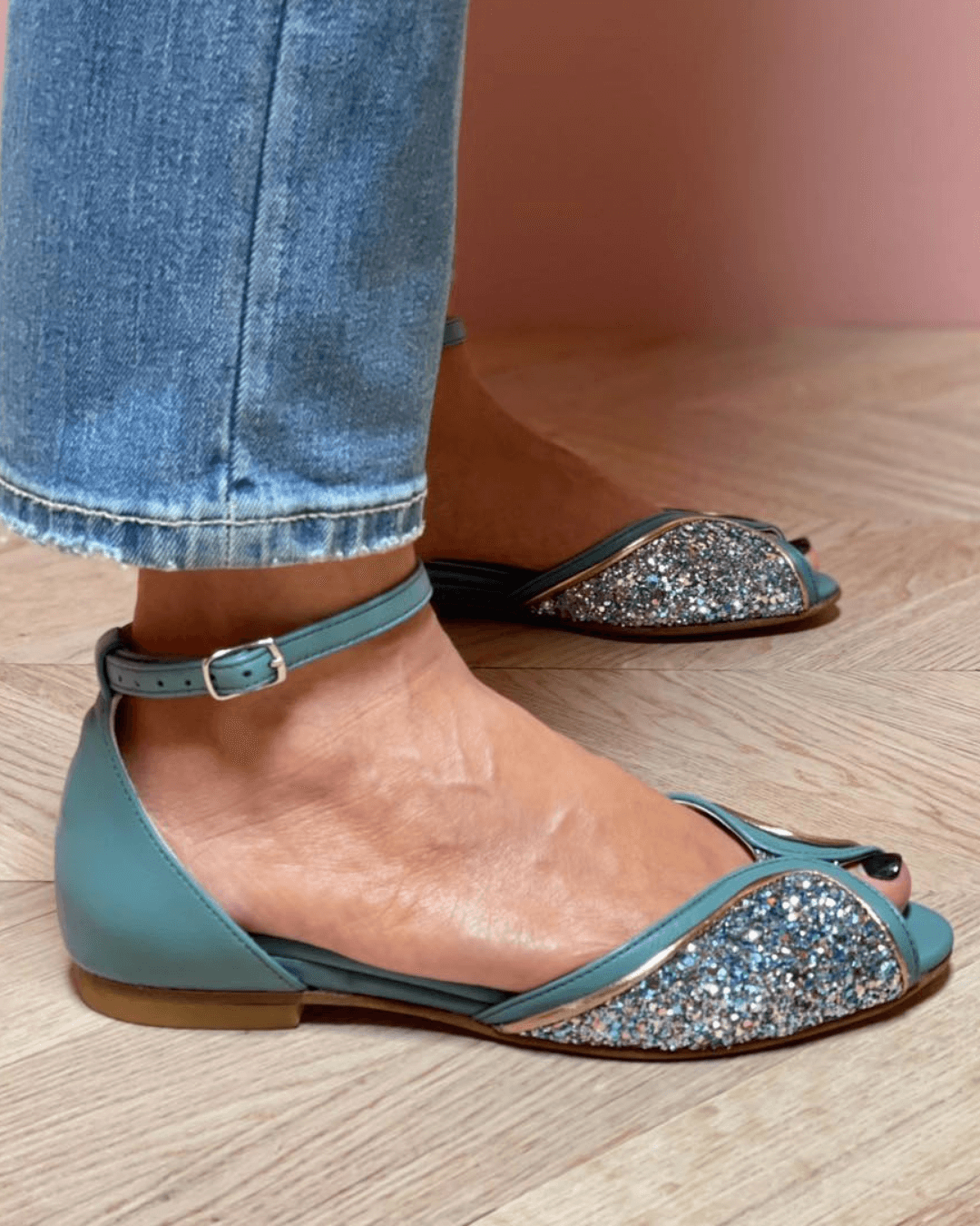 Glitter Patchwork Peep Toe Sandals with Ankle Strap and Buckle