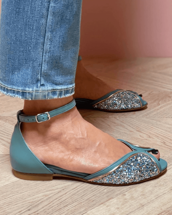 Glitter Patchwork Peep Toe Sandals with Ankle Strap and Buckle