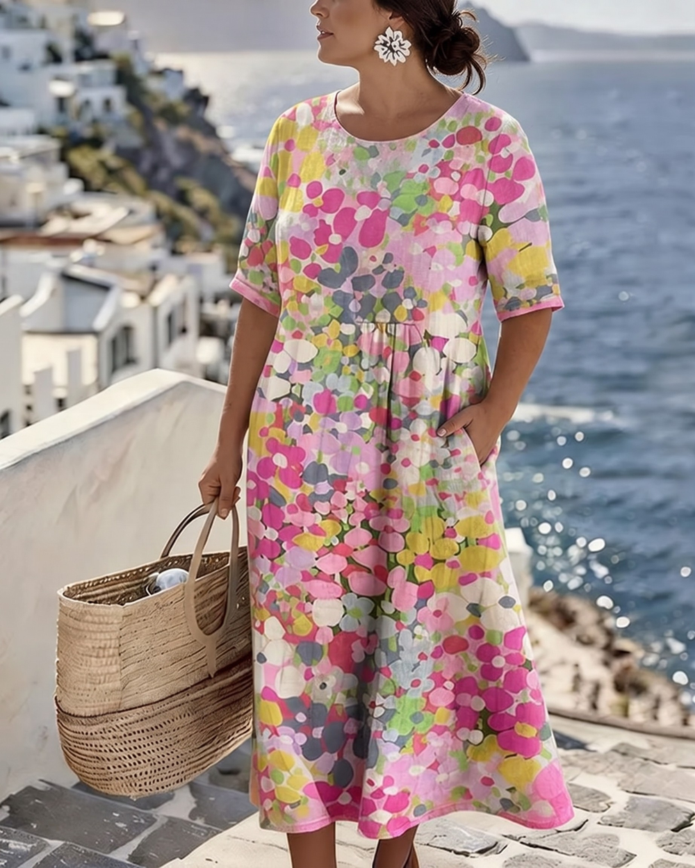 Pink floral-print midi dress, round neck, short sleeves, gathered waist