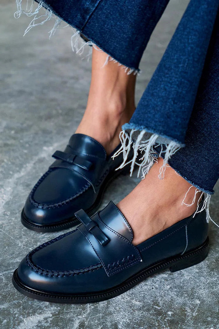 Navy Blue Patchwork Moccasins with Round Toe and Bow
