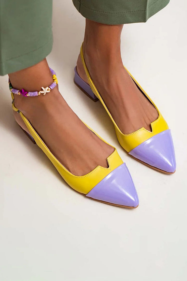 Pointed toe colour block cut-out slingback ballerinas with buckle
