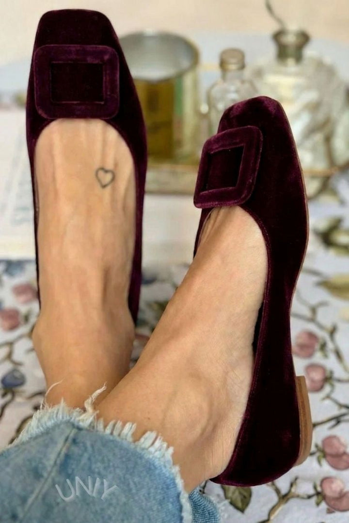 Square Toe Velvet Ballerinas with Buckle
