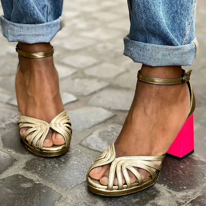 Wide Heel Cut-Out Peep Toe Sandals with Ankle Strap