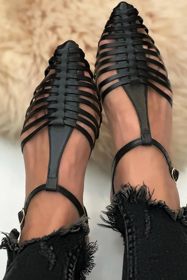Essential Casual Cut-Out Black Pointed Sandals with T-Strap