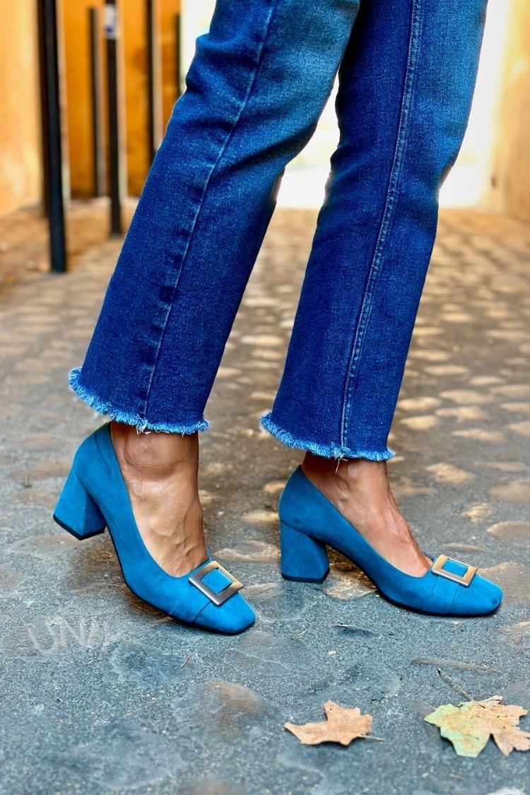 Wide Patchwork Navy Blue Square Toe Heels