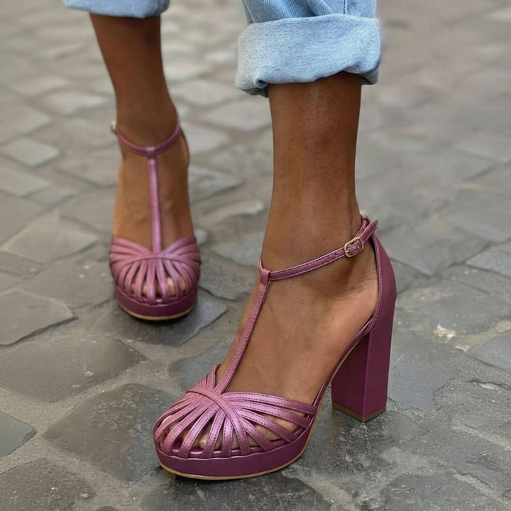 Round-Toe Purple Sandals with T-Strap, Platform, and Wide Block Heel
