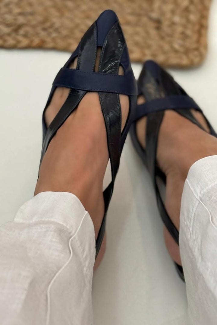 Navy Blue Pointed Toe Slingback Cut-Out Patchwork Ballerinas