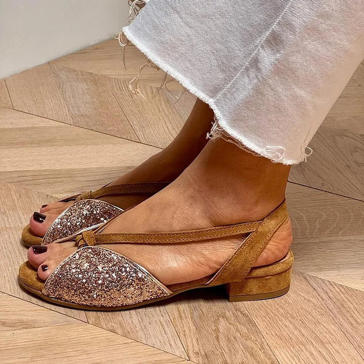 Brown Glitter Patchwork Flat Sandals