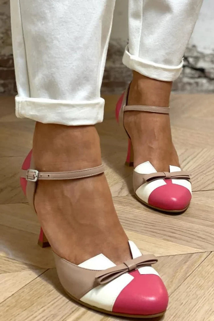 Fuchsia Colour Block Patchwork Round Toe Stiletto Heels with Bow