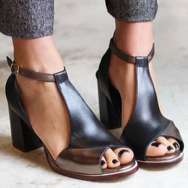 Wide Peep Toe Patchwork Black Heels with Ankle Strap