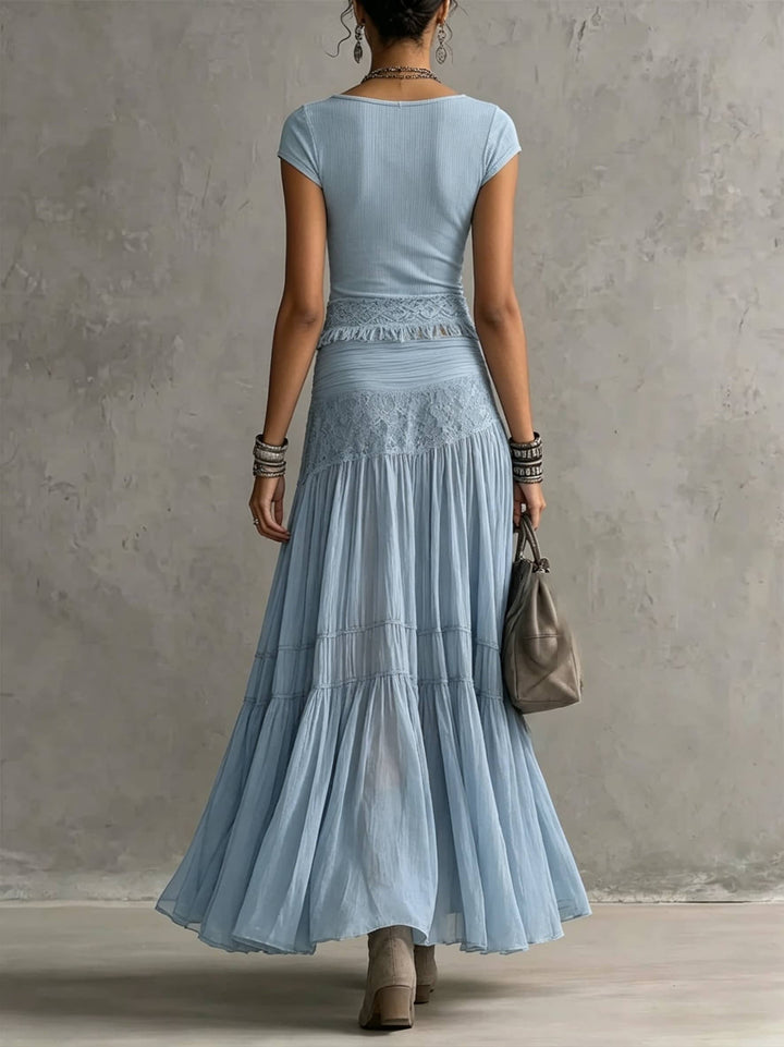 Two-Piece Bohemian Style Short Sleeve Top and Skirt Set