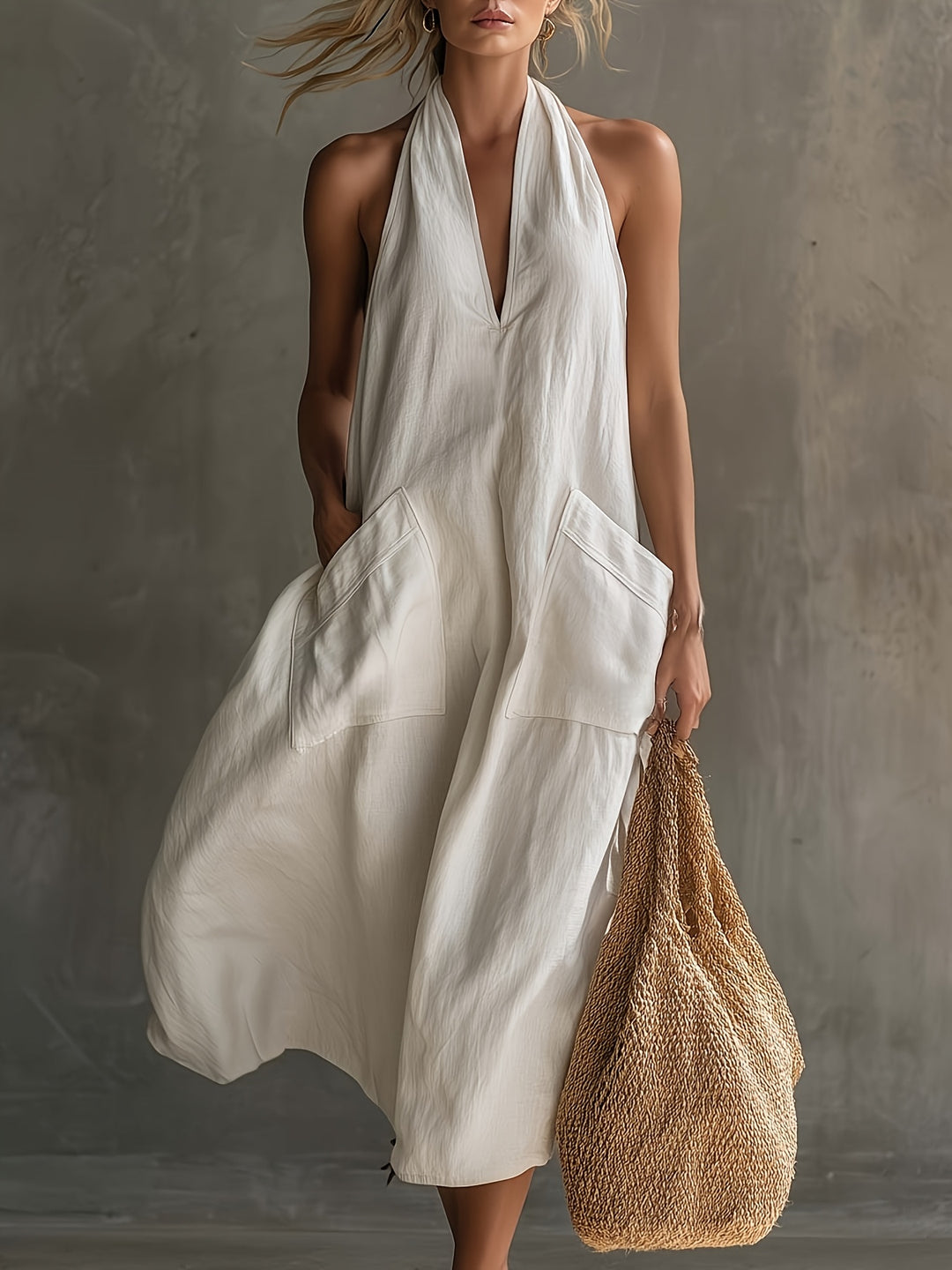 Casual vintage holiday midi dress with V-neck, patch pocket and white colour, elegant and special