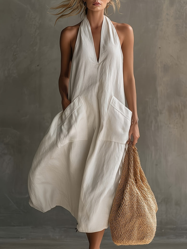 Casual vintage holiday midi dress with V-neck, patch pocket and white colour, elegant and special