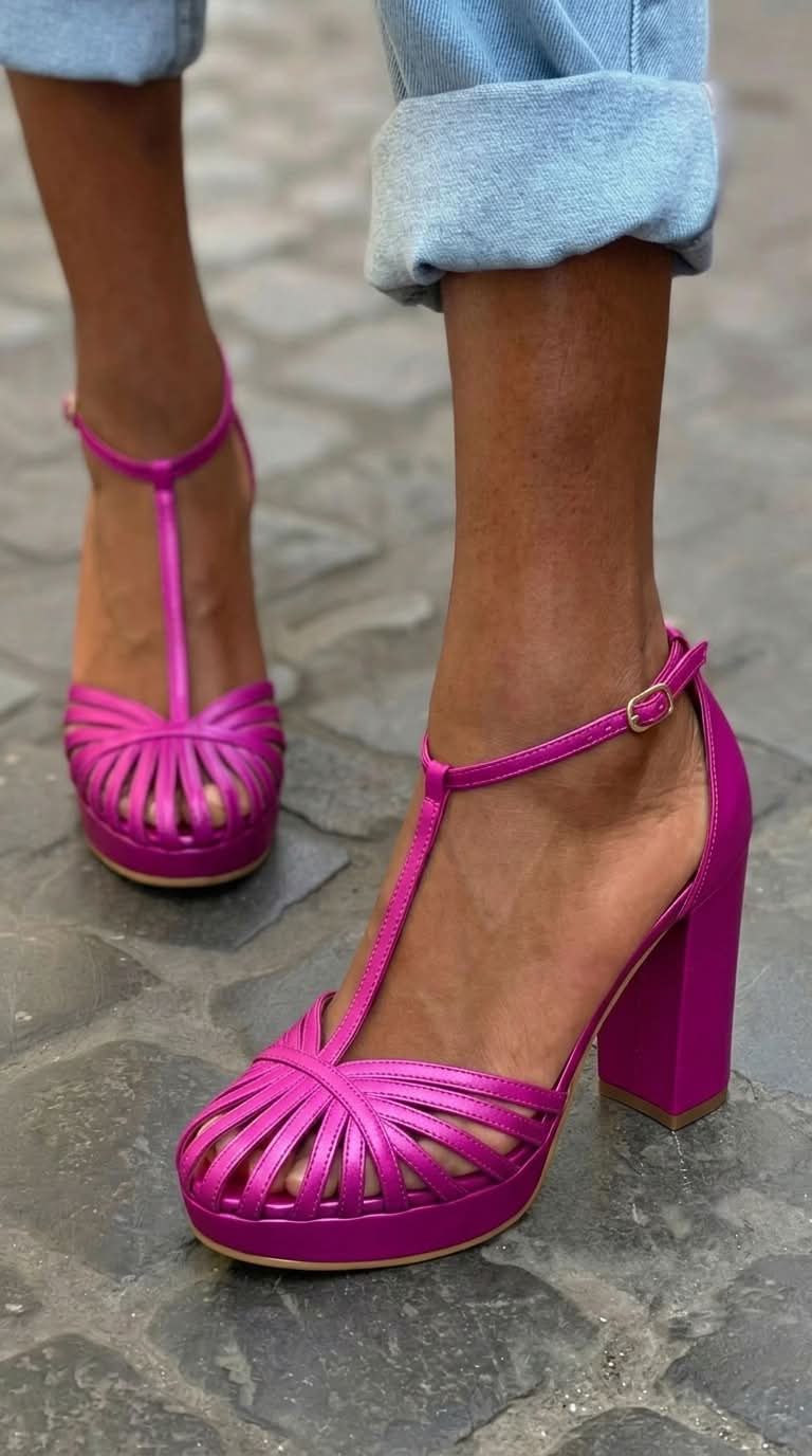 Round-Toe Purple Sandals with T-Strap, Platform, and Wide Block Heel