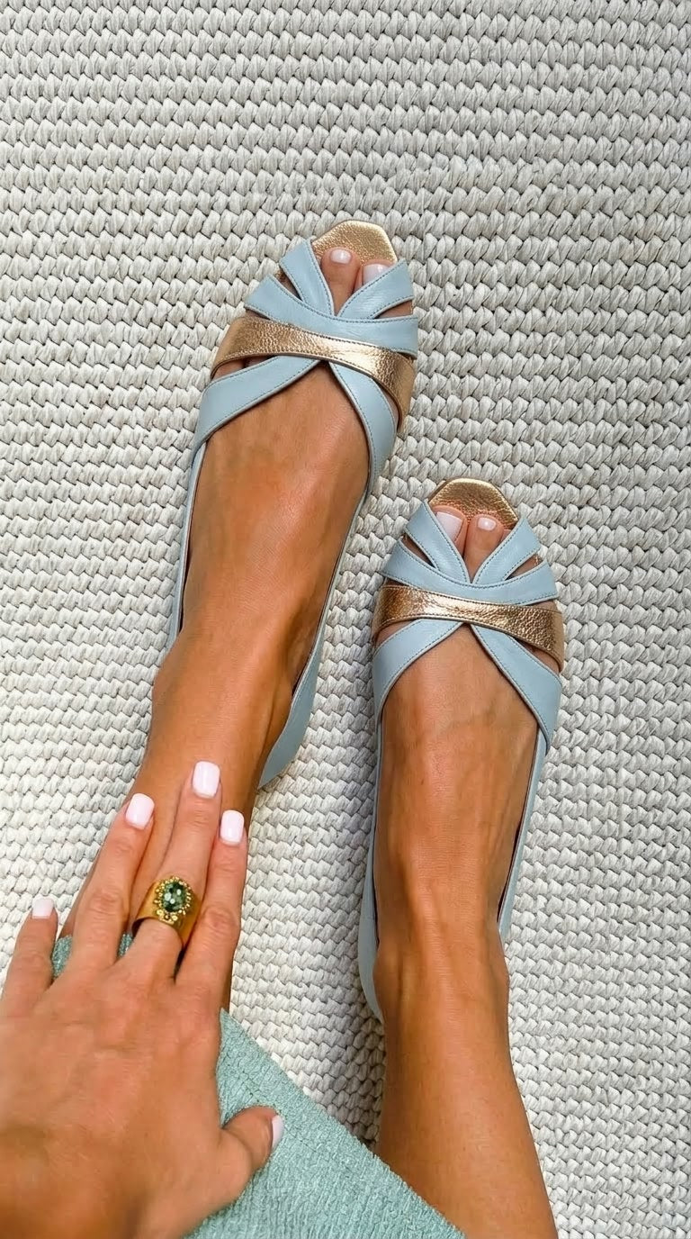 Metallic Peep Toe Ballet Flats in Blue and Gold