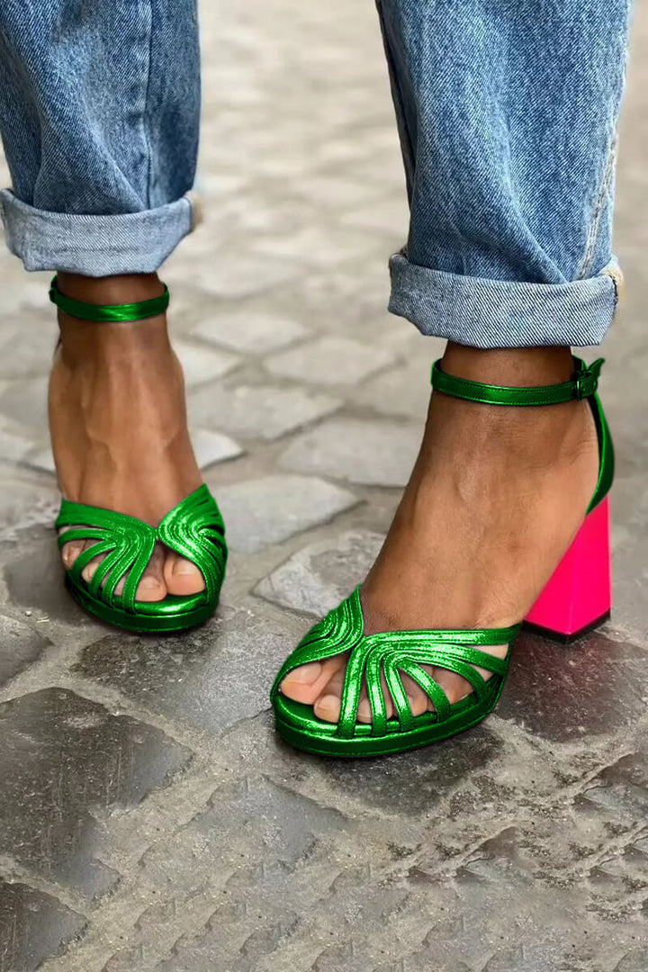 Elegant wide peep toe colour block heels with ankle strap and buckle