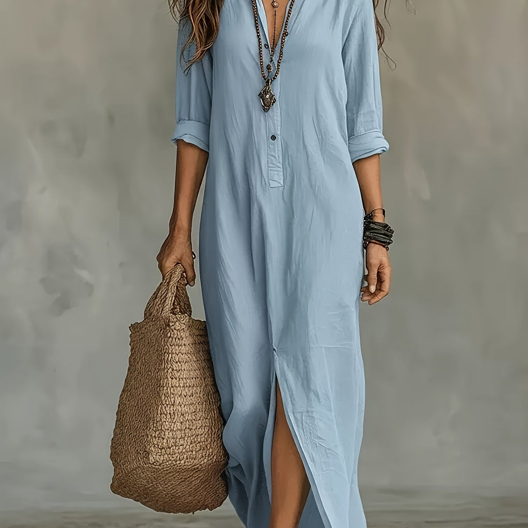 New Spring/Summer Plain Coloured Pullover-Collar Long Dress with Half-Open Collar and Slits at the Front and Back, Casual Shirt Dress in a Relaxed Style, Suitable for Leisure, Travel, Beach, and Daily Use in Spring/Summer, Machine Washable