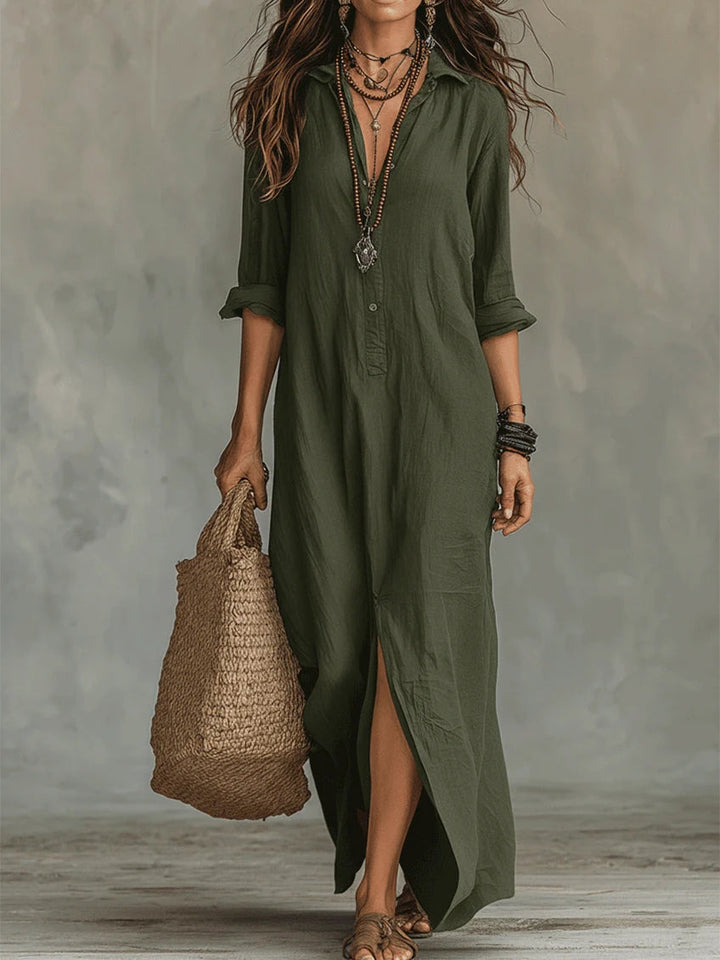 Soline™ | Long Black Maxi Dress with Buttons