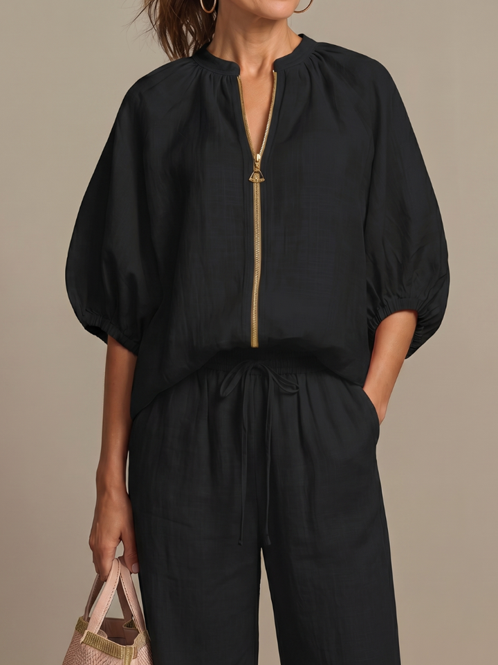 Natalia | Top Blouson with Zip and Wide Leg Trousers