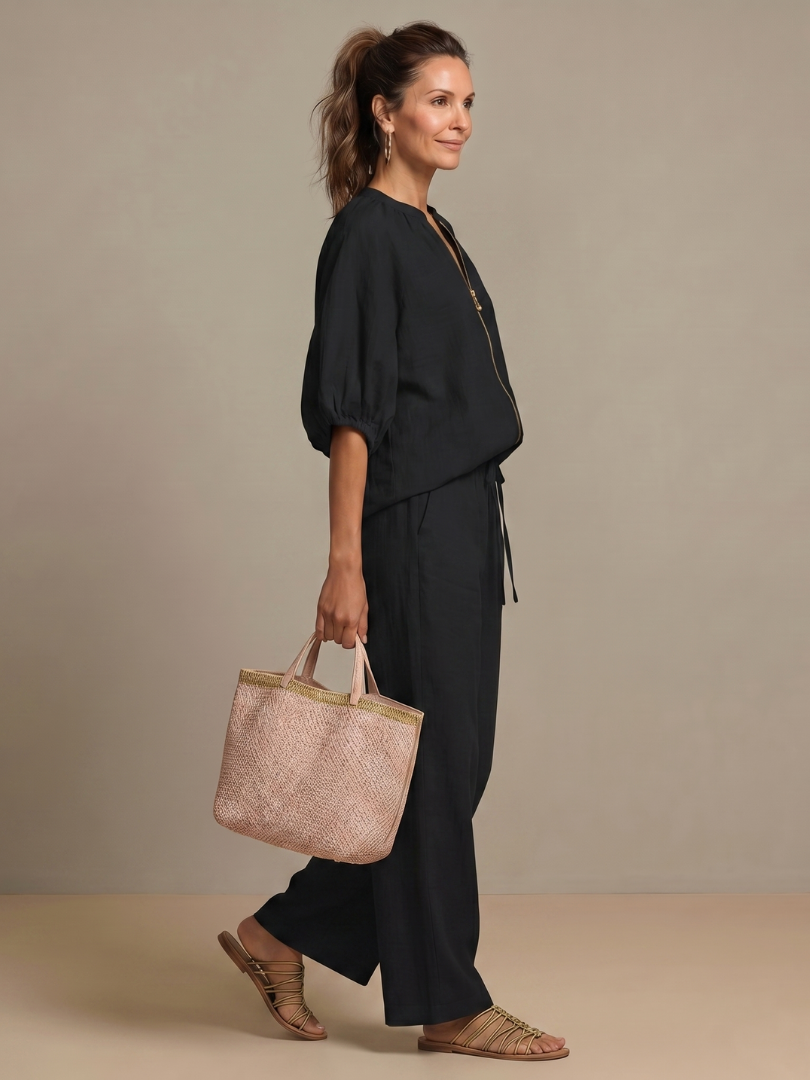 Natalia | Top Blouson with Zip and Wide Leg Trousers