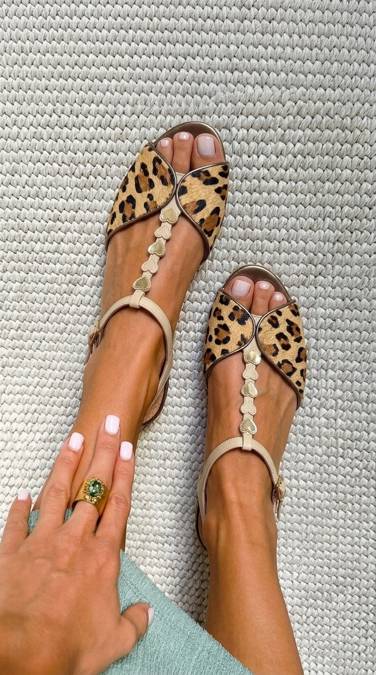 Gold Leopard Print Peep Toe Sandals in Pony Hair with T-Strap and Heart