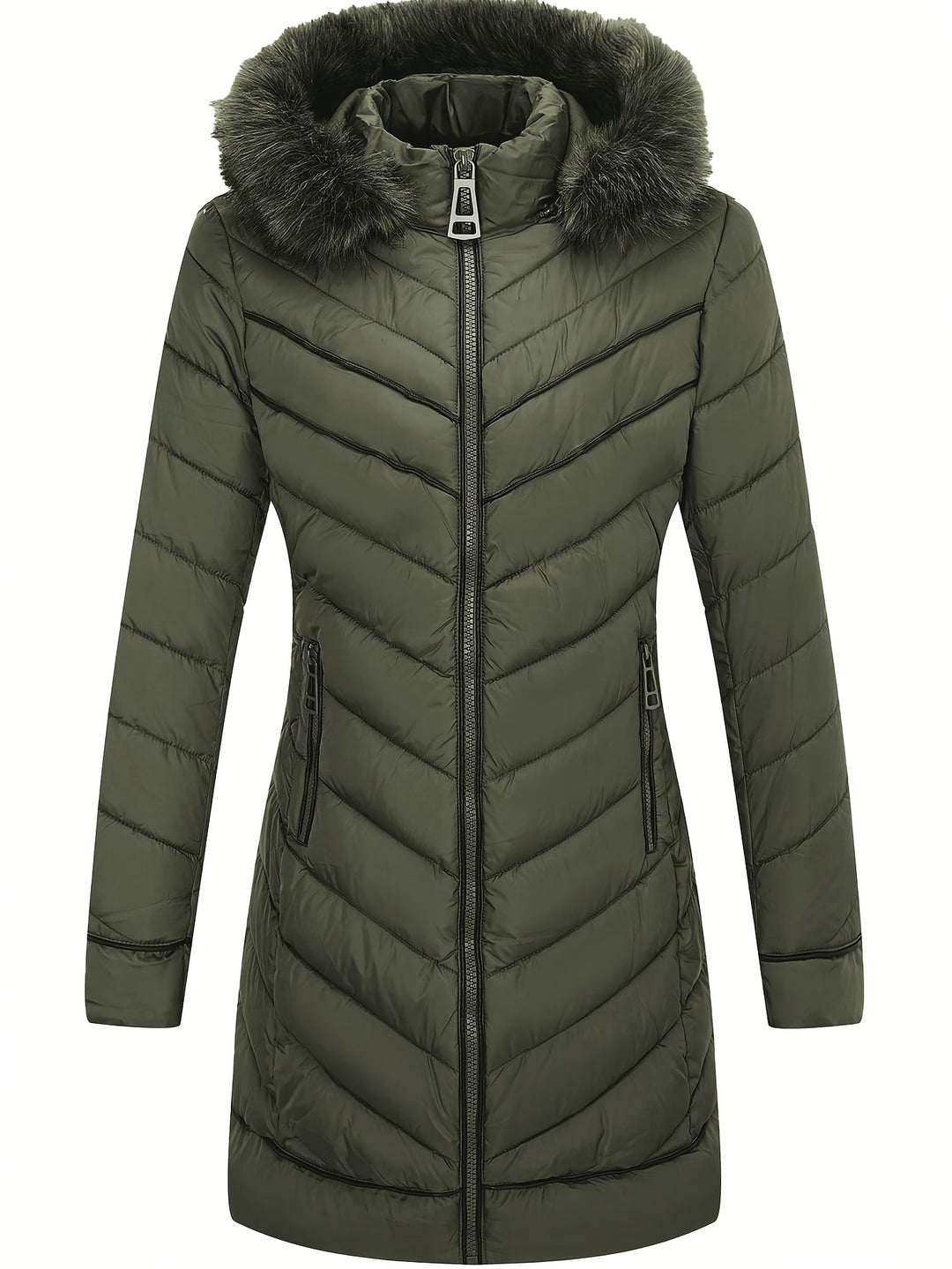 Deep green slim-fit hooded faux fur winter coat with front zip and quilted puffer panels.