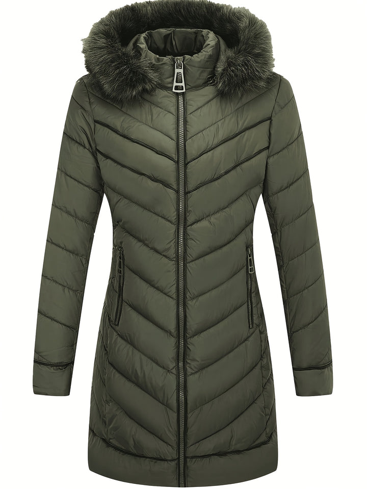 Deep green slim-fit hooded faux fur winter coat with front zip and quilted puffer panels.