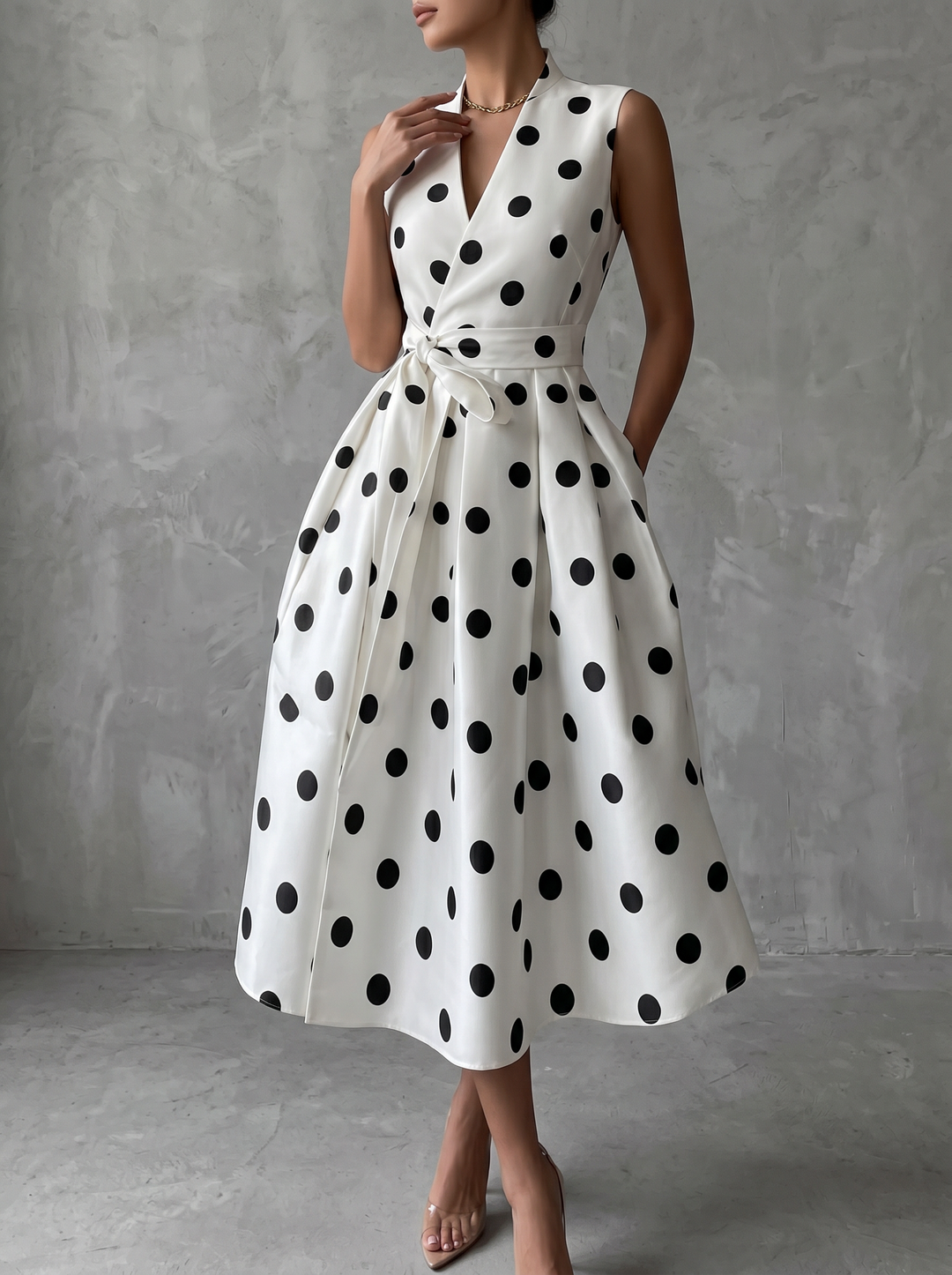 Black and white classic midi dress with polka dots and French sleeves