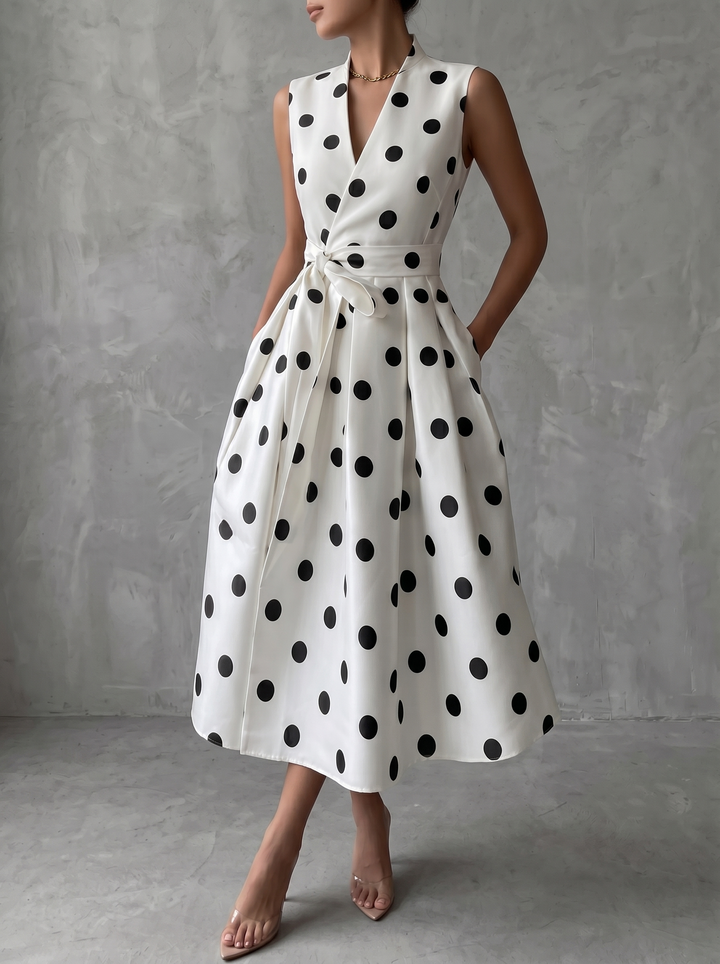 Black and white classic midi dress with polka dots and French sleeves