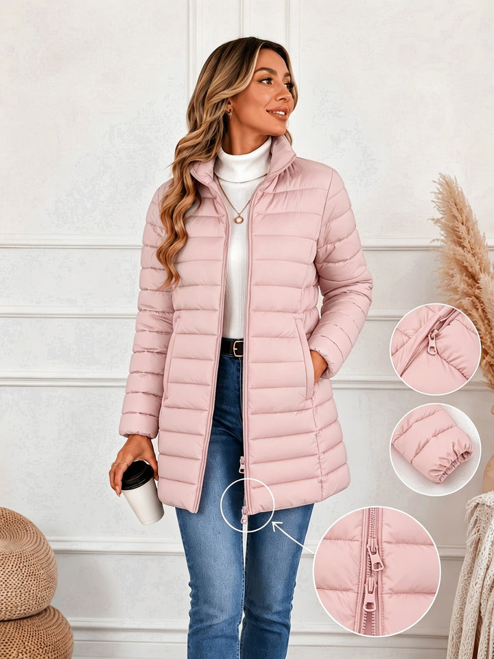 Lightweight quilted coat with stand collar and double zip front, pink puffer jacket.