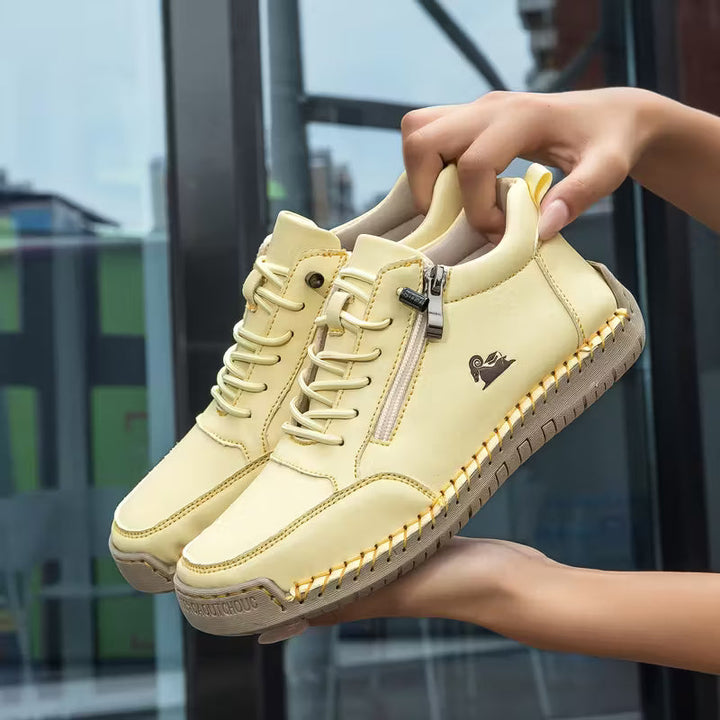 Light yellow therapeutic comfort shoes, lace-up with side zipper and cushioned sole