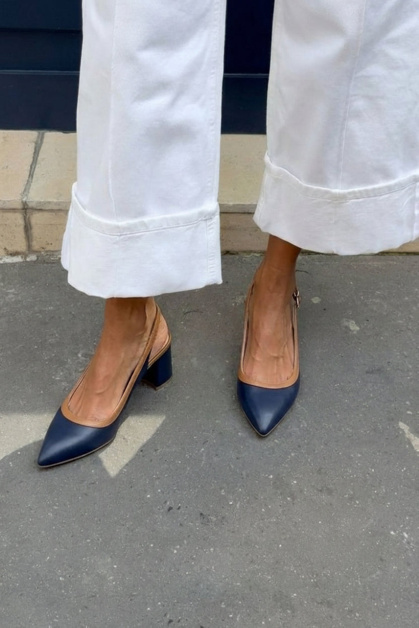 Navy Blue Pointed Block Heeled Slingbacks
