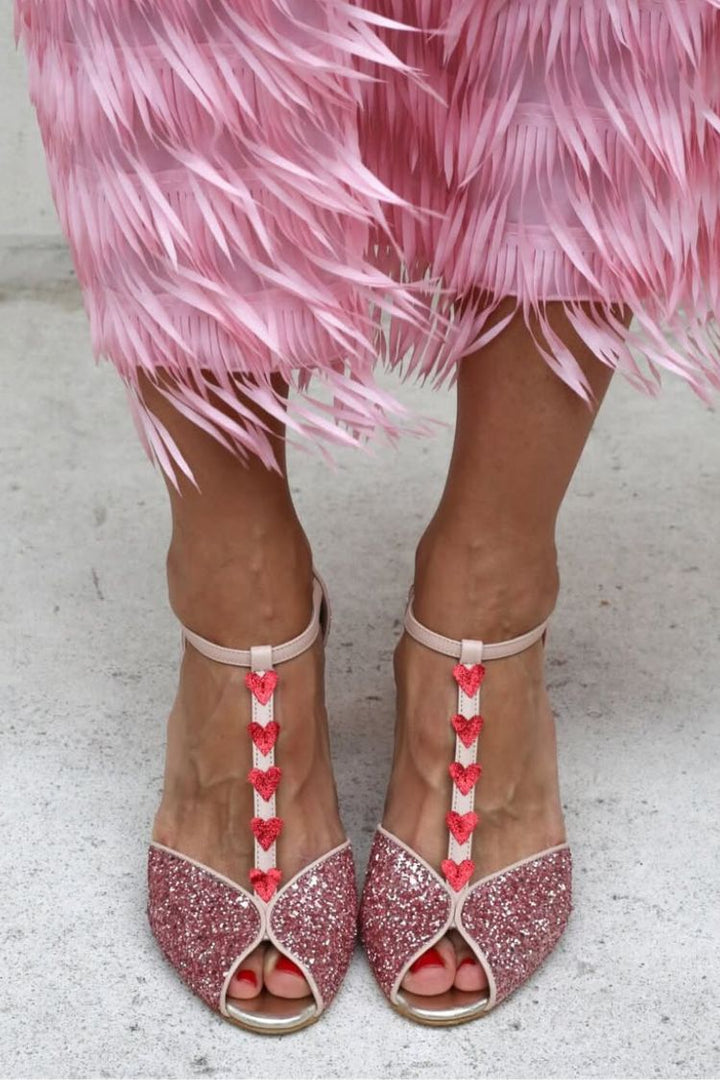 Glitter Sandals in Pink and Red with T-Strap, Heart, and Block Heel