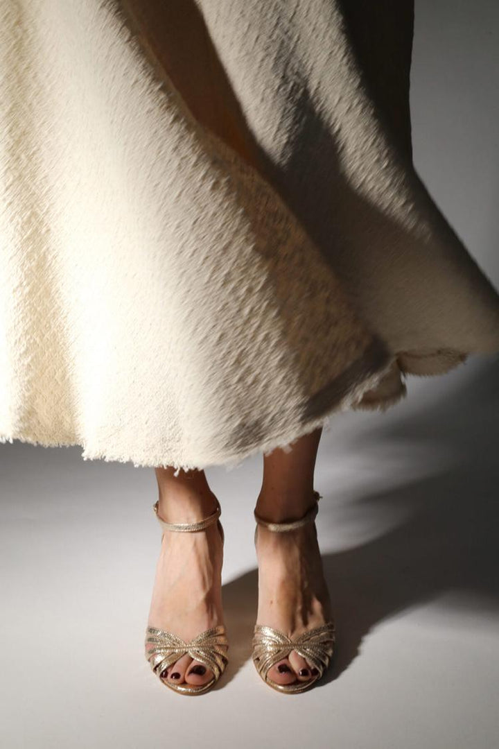 Wide Metallic Gold Peep Toe Heels with Ankle Strap and Buckle