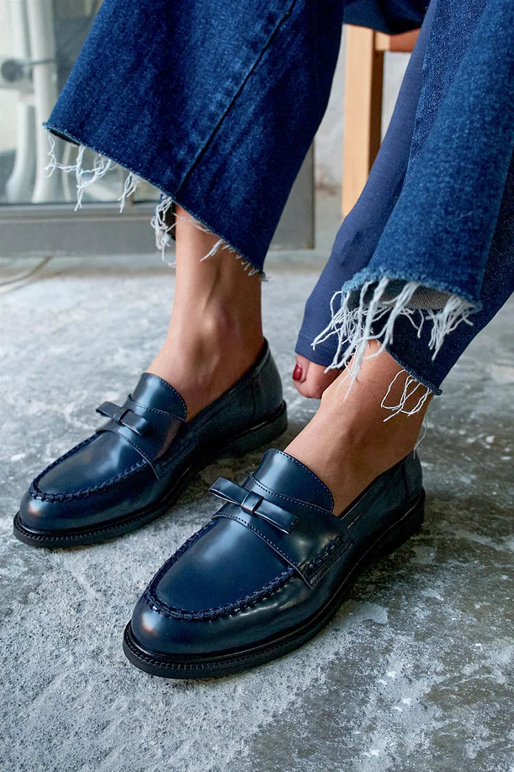 Navy Blue Patchwork Moccasins with Round Toe and Bow