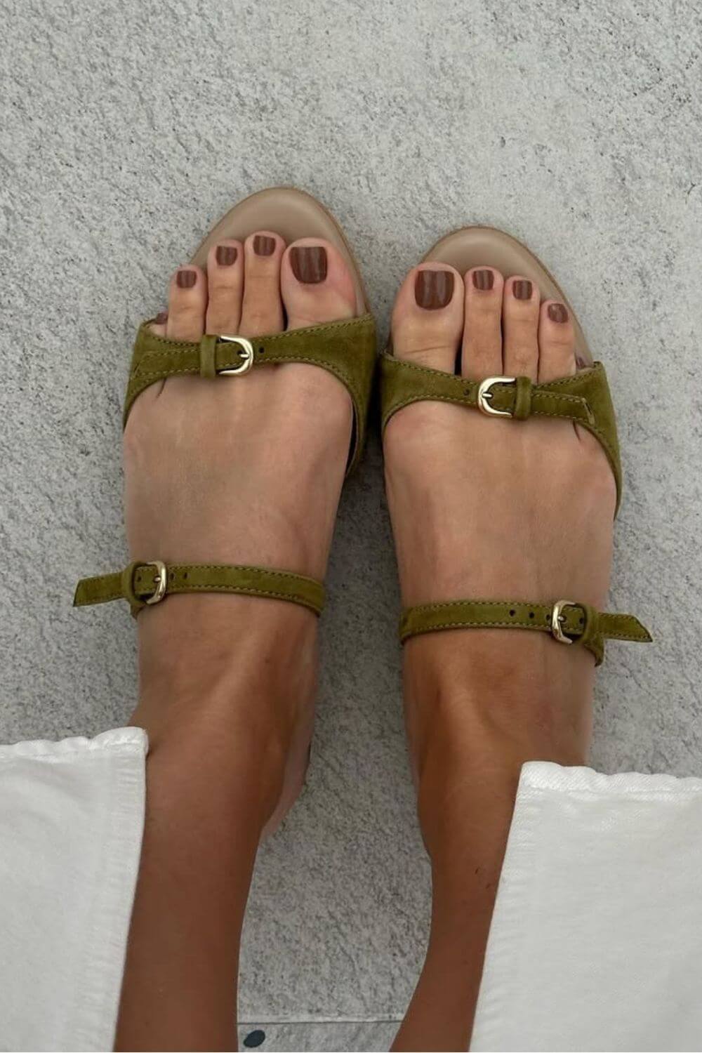 Suede peep toe sandals with buckle and straps