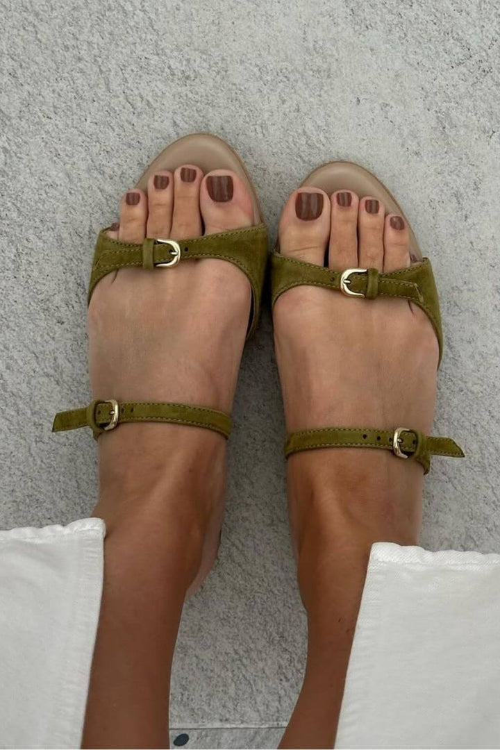 Suede peep toe sandals with buckle and straps