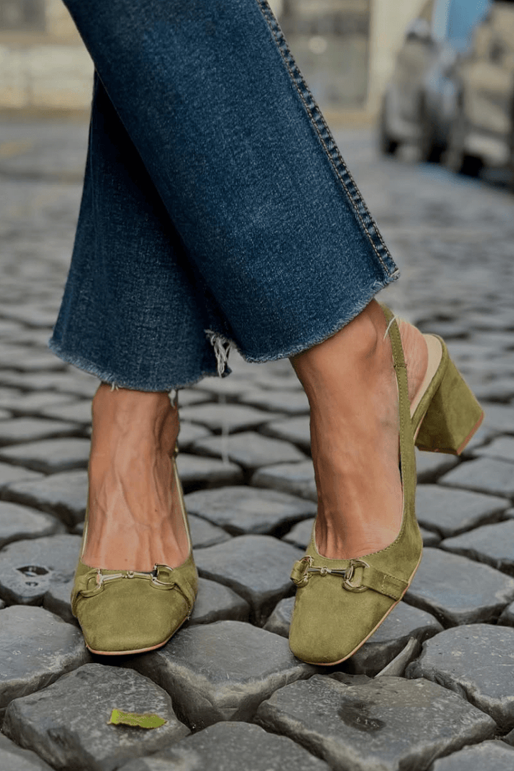 Olive Faux Suede Slingback Block Heels