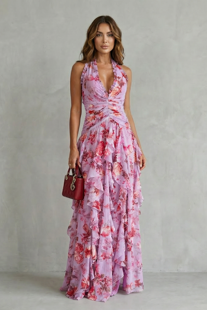 Belladina | Romantic Rose Cascade Long Dress with American Neckline
