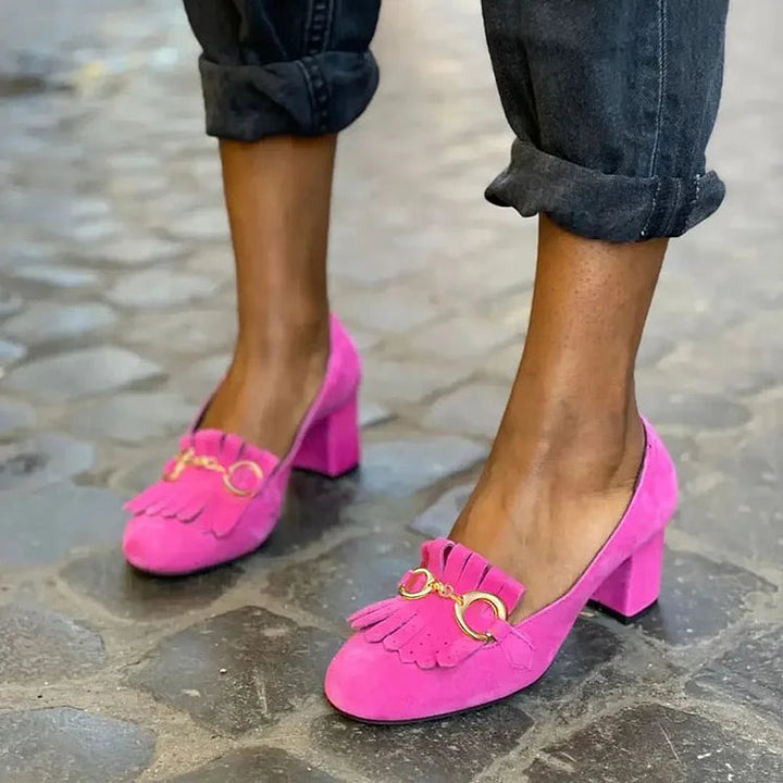 Wide matte round toe heels with buckle and fringes
