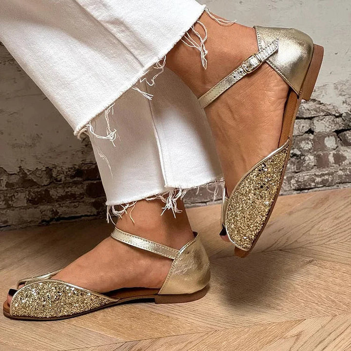 Gold Glitter Patchwork Peep Toe Sandals with Ankle Strap and Buckle