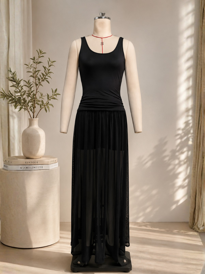 Black Sleeveless Tank Top With Tulle Skirt Maxi Dress (without belt)