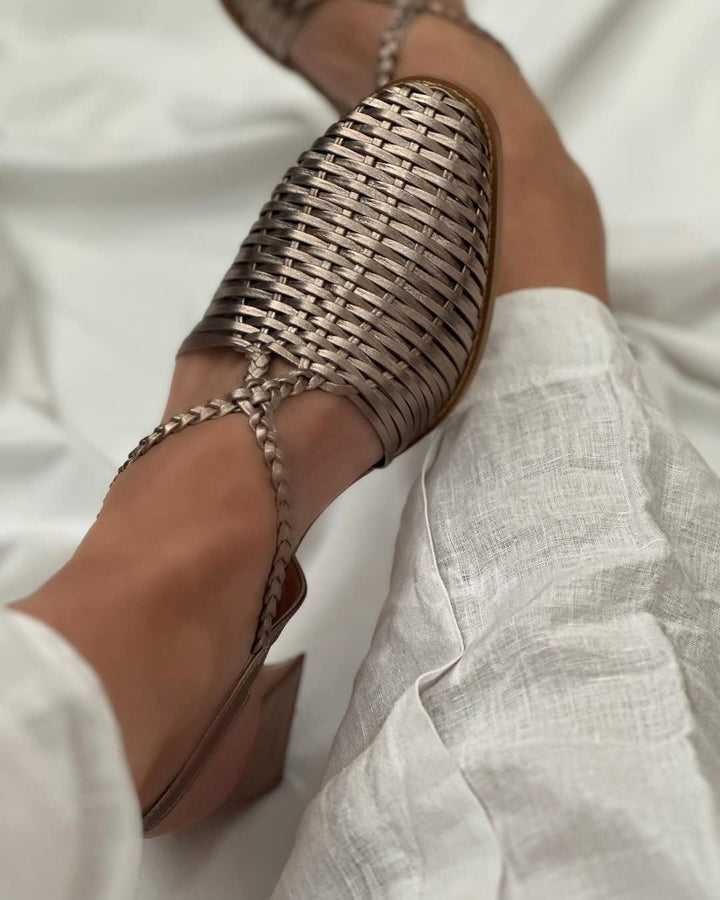 Champagne Metallic Pointed Block Heels with Straps