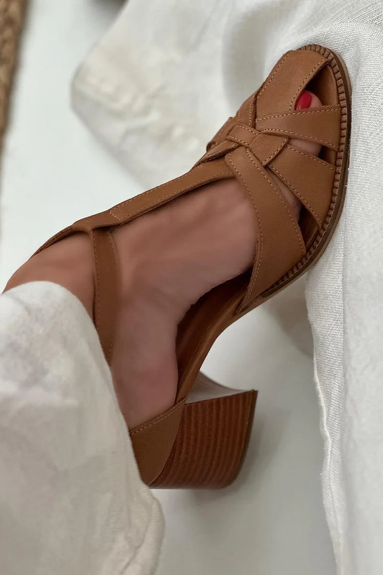 Brown Cut-Out Woven Wide Heels with Buckle and T-Strap