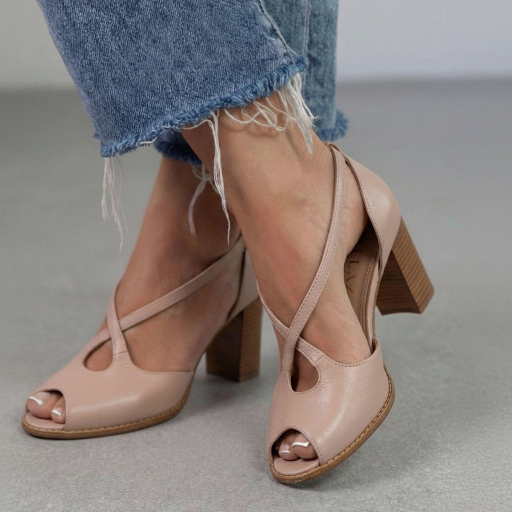 Elegant Pink Powder and Pink Open-Toe Sandals with Crossed Straps and Block Heel