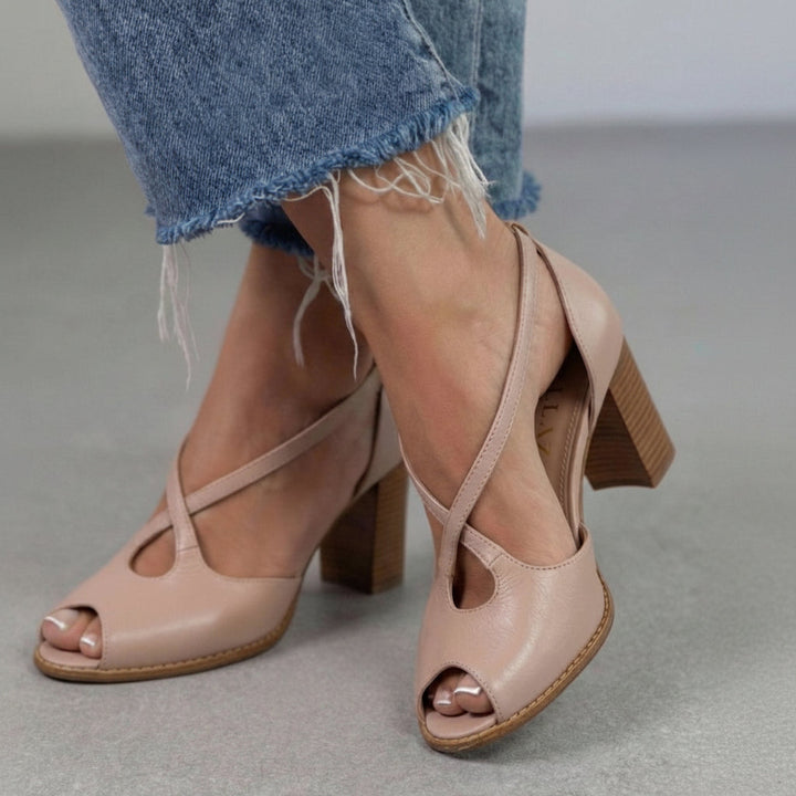 Elegant Pink Powder and Pink Open-Toe Sandals with Crossed Straps and Block Heel