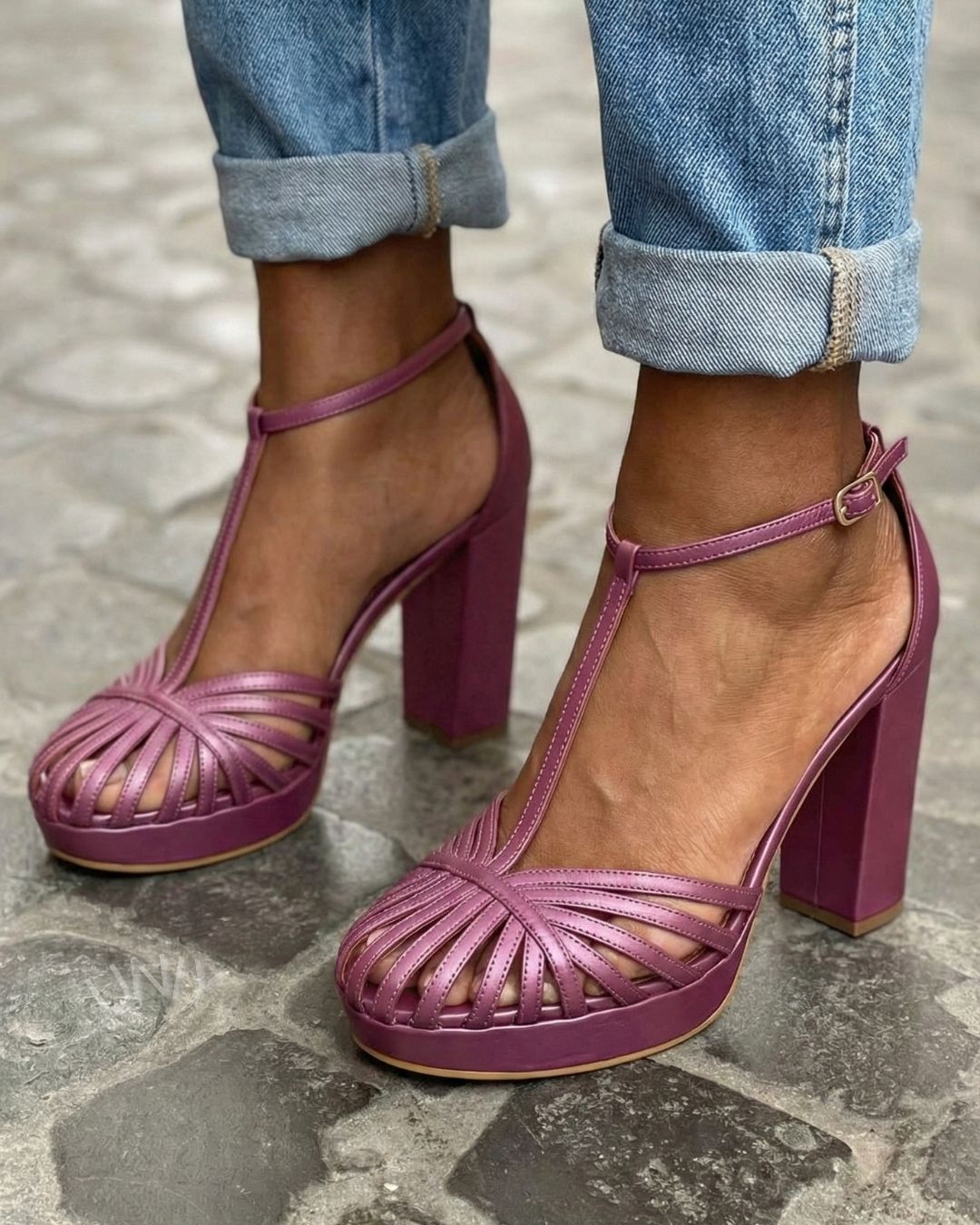 Round-Toe Purple Sandals with T-Strap, Platform, and Wide Block Heel